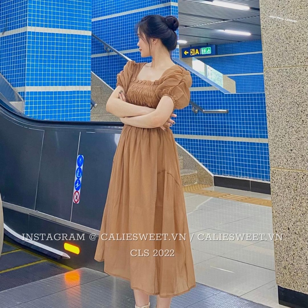 Váy babydoll tay phồng Caliesweet váy tiểu thư dáng dài 2 lớp chất tơ mềm