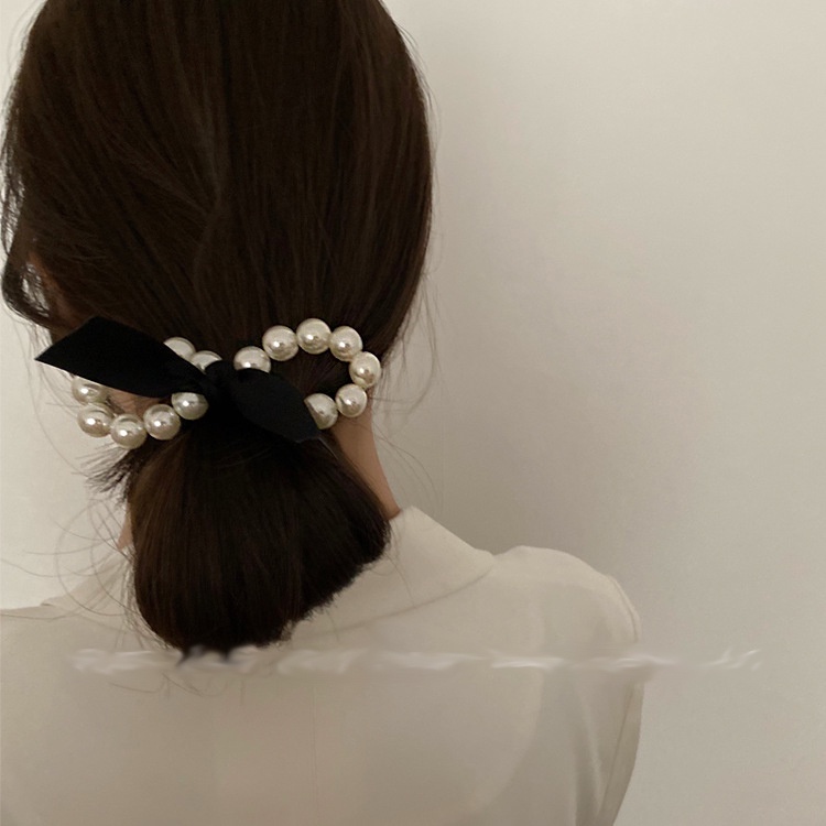 Dây Buộc Tóc Cao Su Hình Nơ Đính Hạt Ngọc Trai Phong Cách Cổ Điển Thanh Lịch