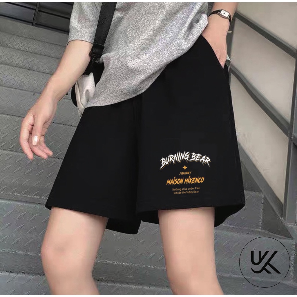 QUẦN SHORT MIKENCO BURNING BEAR BLACK Nam Nữ, chất thun Poly 2 da, đùi thể thao, cộc ngắn form rộng unisex