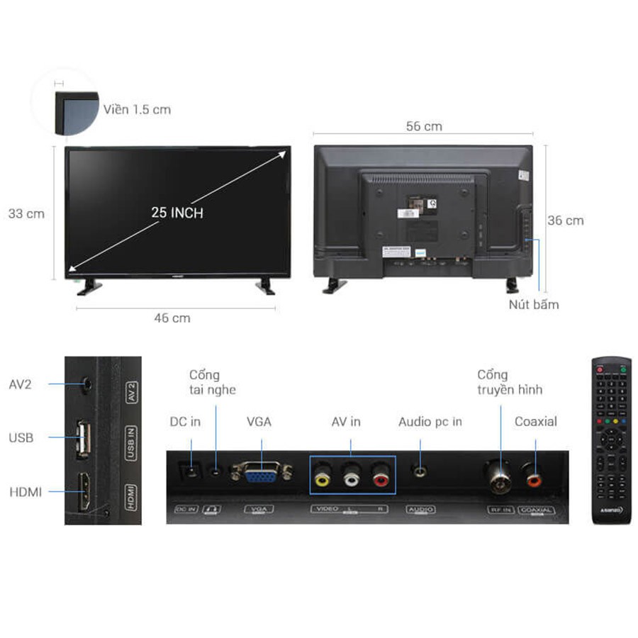 Tivi T2 Asanzo 25 inch 25S200T2 HD Ready, HDMI, VGA, AV, DVB-T2, Nguồn Điện 12V, Tivi Giá Rẻ - Hàng Chính Hãng