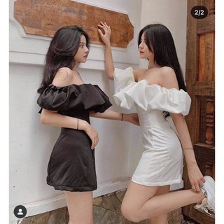 Đầm trễ vai trắng đen dự tiệc tay bồng hàng chuẩn