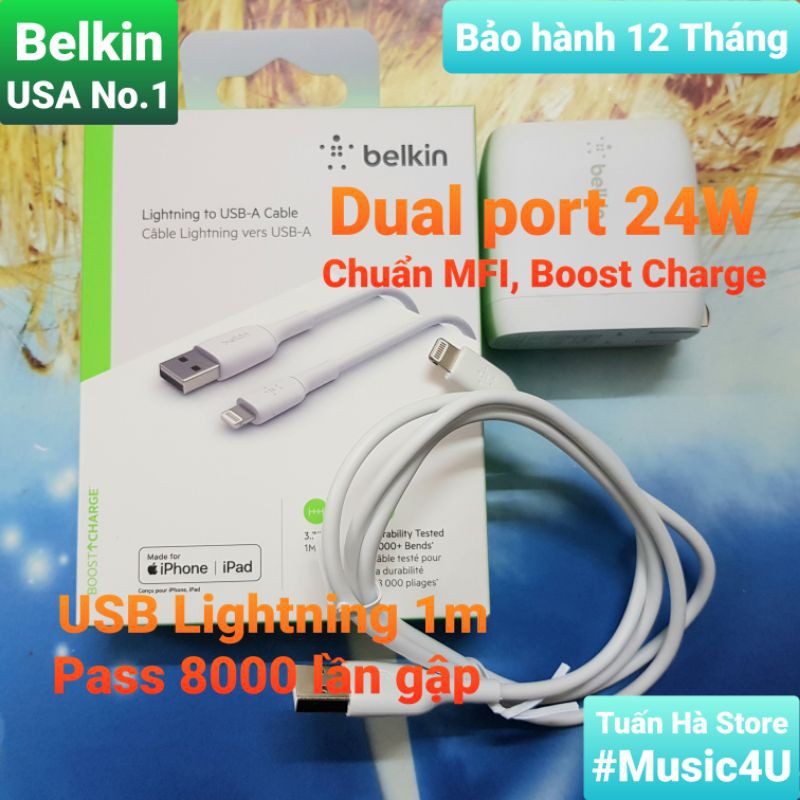 BOOST↑CHARGE™ Củ sạc nhanh Belkin Lightning cho Iphone, Ipad dual 24W, chuẩn MFI siêu bền [Music4U]