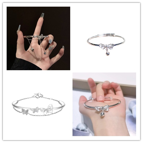 Vòng Tay Dây Xích Hai Lớp Mặt Hình Nơ Bướm Có Thể Điều Chỉnh Và Gắn Chuông Phong Cách Hàn Quốc Cho Nữ