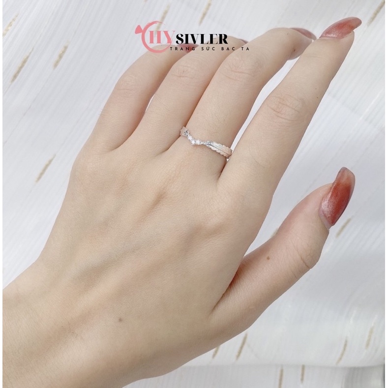Nhẫn bạc ta hình lá nguyệt quế dày dặn đính đá nhỏ xinh nhẫn nữ bạc thật