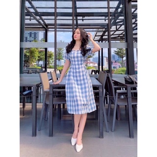Đầm kẻ đen cổ vuông đan dây (kèm hình thật)