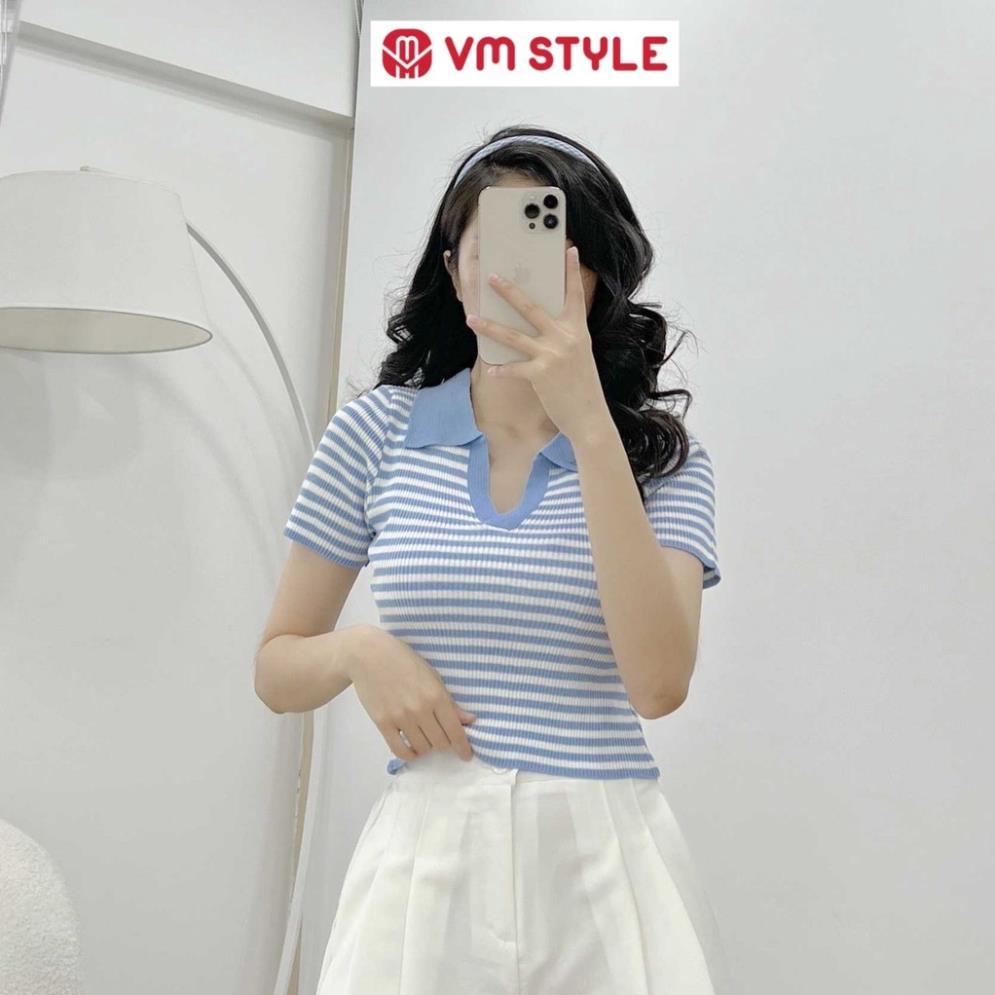 Áo thun len nữ VM STYLE tay ngắn cổ bẻ kẻ ngang, áo kiểu phối sọc nhiều màu thời trang ulzzang 77012 22ALU03G10902 Đẹp