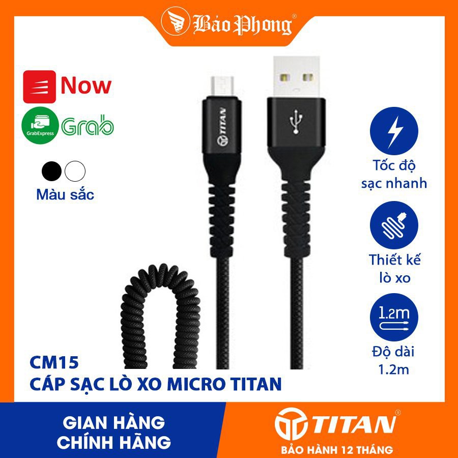 Dây cáp sạc lò xo chân Micro TITAN CM15- Hàng chính hãng- Bảo hành 1 năm