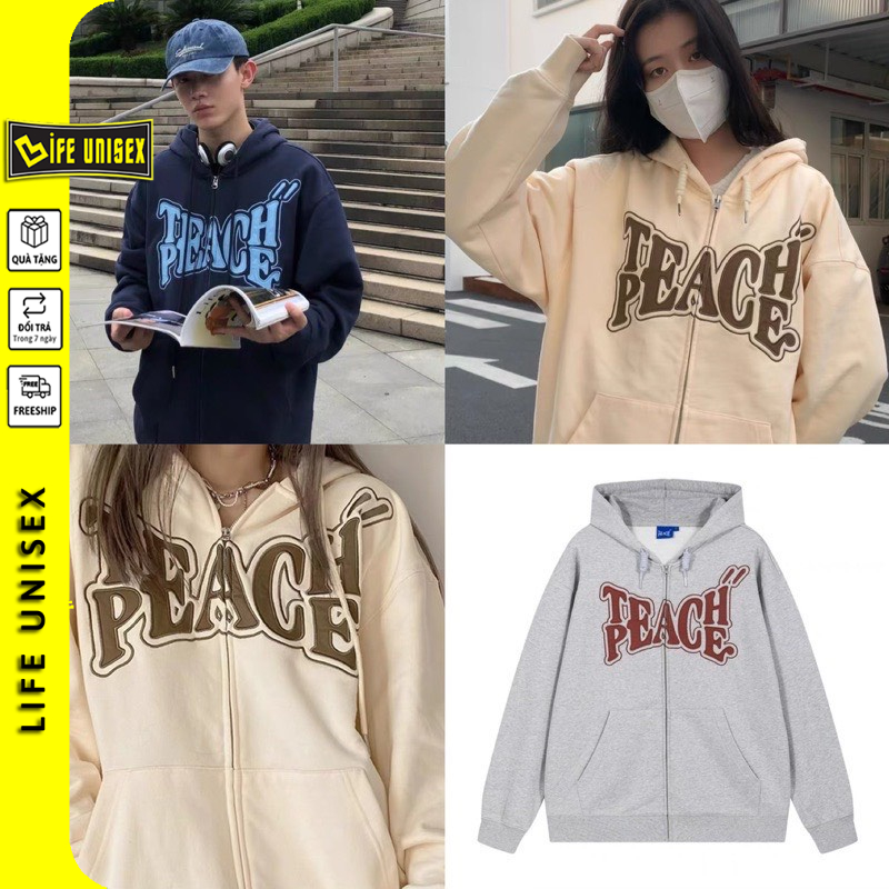Áo Khoác Hoodie Nỉ TEACH PEACE Nam Nữ Ulzzang Unisex Dây Kéo, Áo Khoác Nỉ Form Rộng LIFE UNISEX