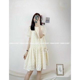 Đầm suông đuôi cá tay phồng cổ tròn lông vũ