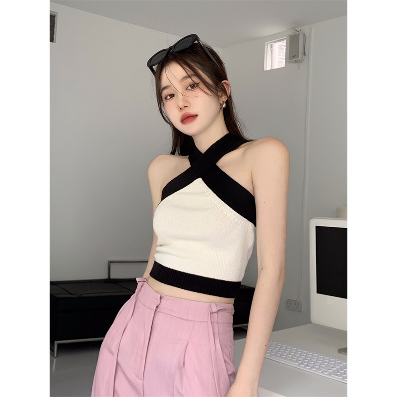 Áo Dệt Kim Hai Dây Ngắn Phong Cách Âu Mỹ Gợi Cảm Thời Trang Cho Nữ