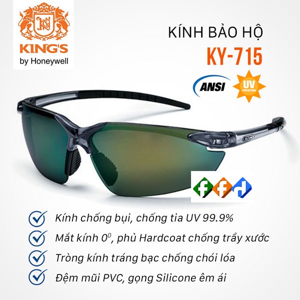 Kính bảo hộ Kings KY715 Kính chống tia UV, chống bụi, chống xước, dùng trong lao động, đi xe máy, tròng đen tráng gương