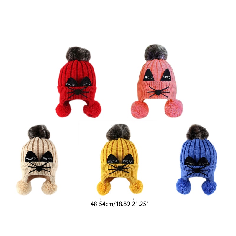 Mũ Beanie Dệt Kim Đính Bóng Lông Giữ Ấm Tai Thời Trang Thu Đông Cho Bé