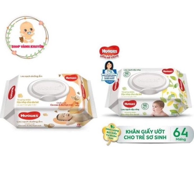 Khăn ướt Huggies 64 miếng không mùi / 72 miếng chiết xuất cacao &amp; bơ hạt mỡ