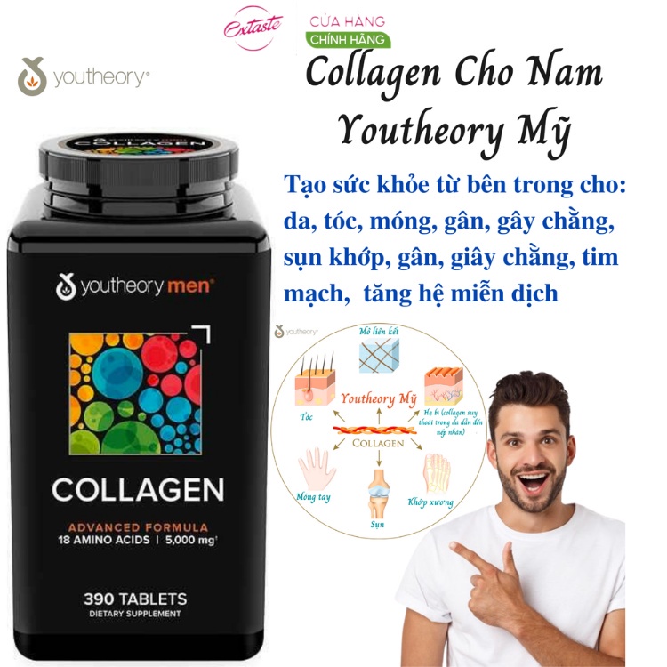 Viên uống bổ sung collagen Youtheory Collagen Type 1,2,3 Healthy Care Extaste dành cho nam chống lão hóa đẹp da