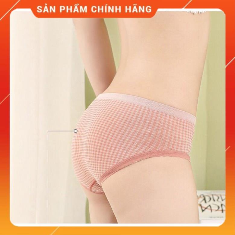 Quần Lót Cotton Co Giãn 4 Chiều Kẻ Caro Viền Ren Dễ Thương 555