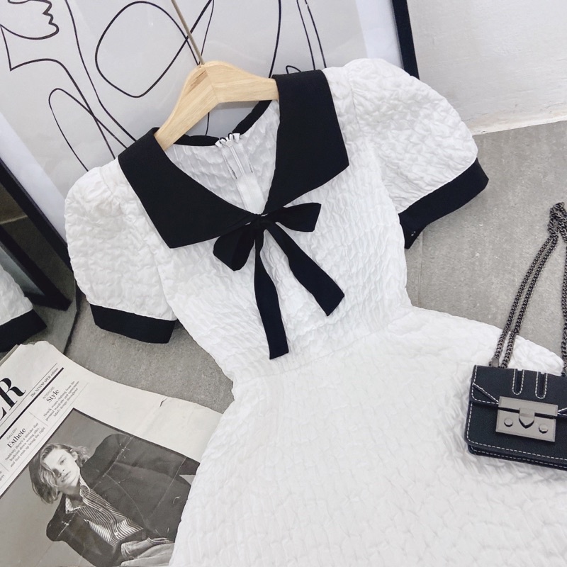 ĐẦM TRẮNG PHỐI CỔ ĐEN NƠ