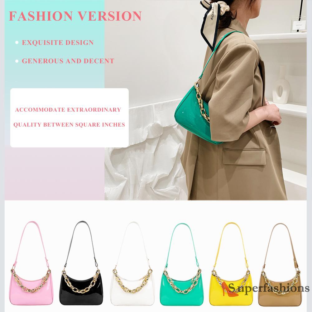 【Hot Sale】Fashion Women PU Pure Color Underarm Bag Thick Chain Small Hobos Handbags