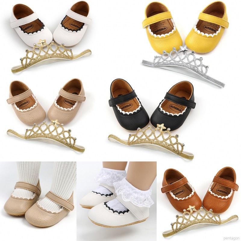 Set giày da pu + vương miện công chúa đáng yêu cho bé gái