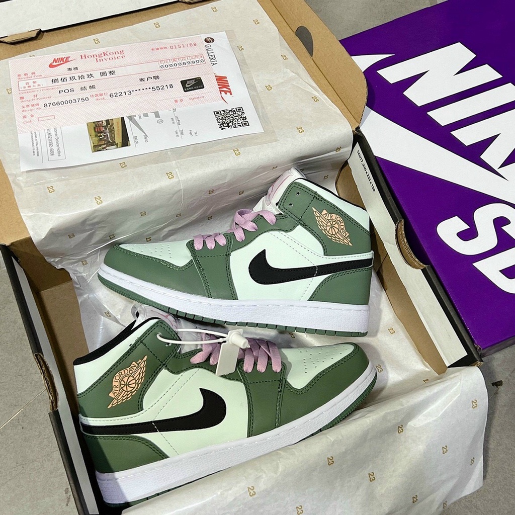 (Full Box Bill + FREE ship) Giày Thể Thao Air Jordan 1 Mid SE Dutch Green- Trà xanh Cổ Cao Bản quảng châu