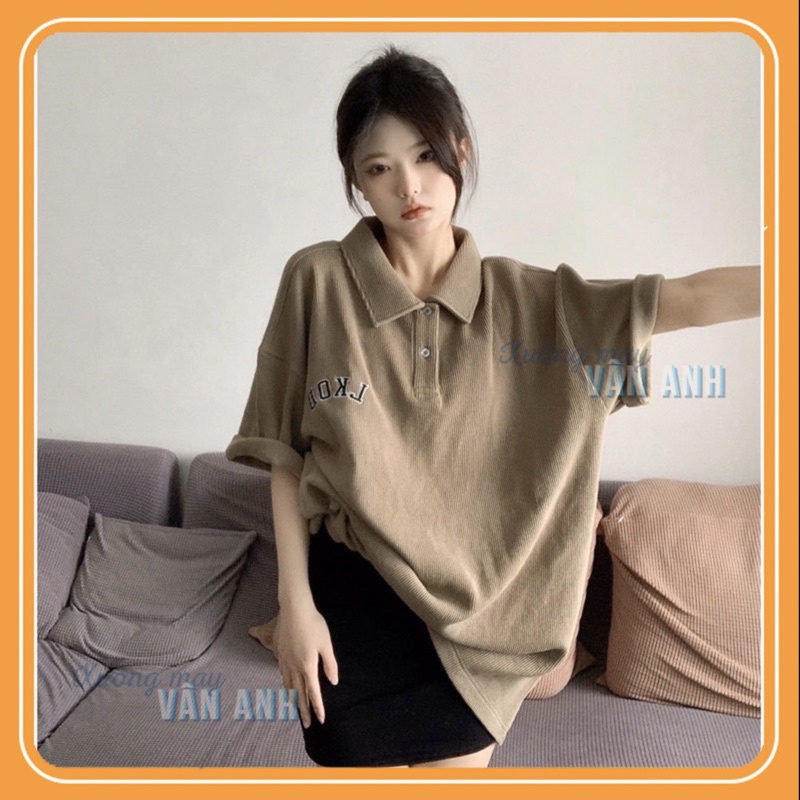 Áo thun Polo Tổ Ong Thêu Lkoo Unisex - Thun kiểu form rộng tay lỡ màu vintage phông cổ bẻ hàn quốc đẹp