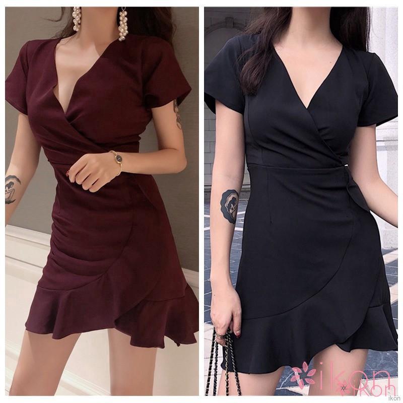 Đầm tay ngắn cổ V phối bèo nữ tính đầm hoa váy hoa nhí