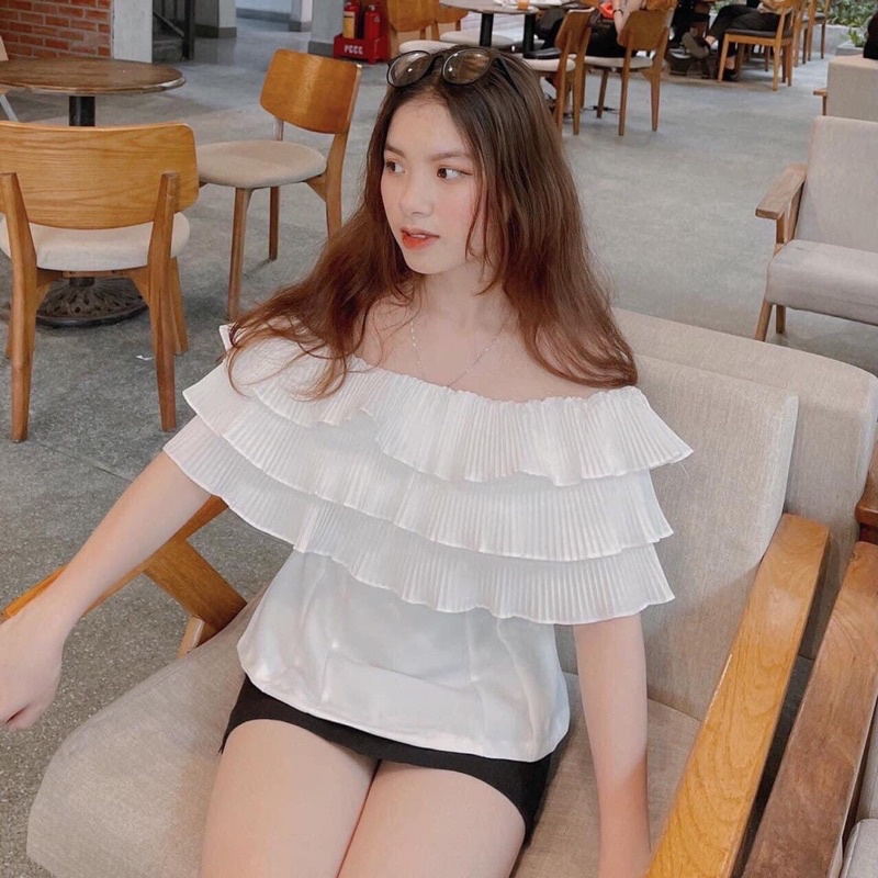 ÁO kiểu tiểu thư trễ vai dập ly 3 tầng hot hit , bèo xếp ly phần ngực, phối được nhiều kiểu đồ