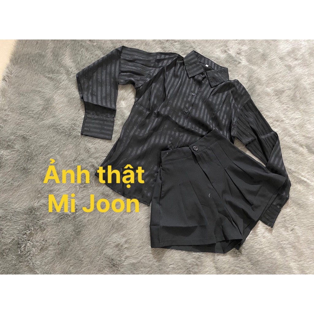 [ MI JOON ] Set bộ áo sơ mi tơ sọc hàn tay dài , quần đùi kaki lạnh lưng cao có thun phía sau