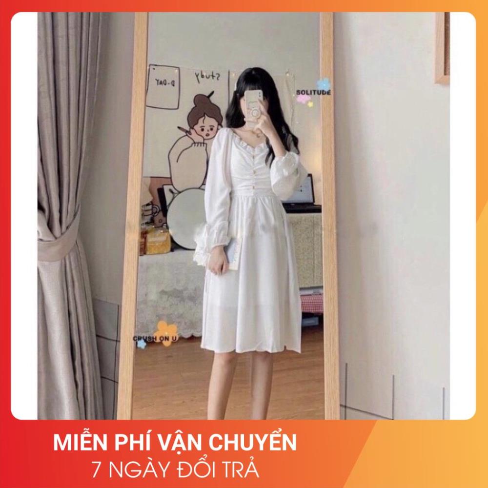Đầm Trắng Cúc Ngực Cổ V 24AP Nữ [FREESHIP] Váy dúm bánh bèo dài tay bồng tiểu thư form rộng đẹp Ulzzang | BigBuy360 - bigbuy360.vn