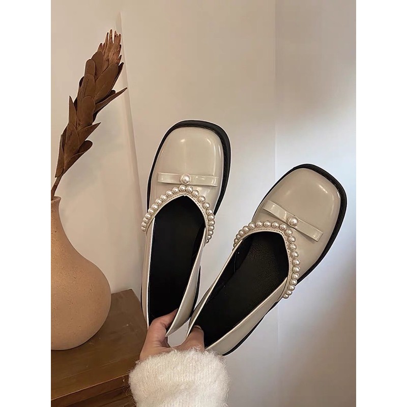 (Order kèm ảnh thật) Giày Mary Jane nữ chất da lì, giày nữ đế bằng phối quai ngọc