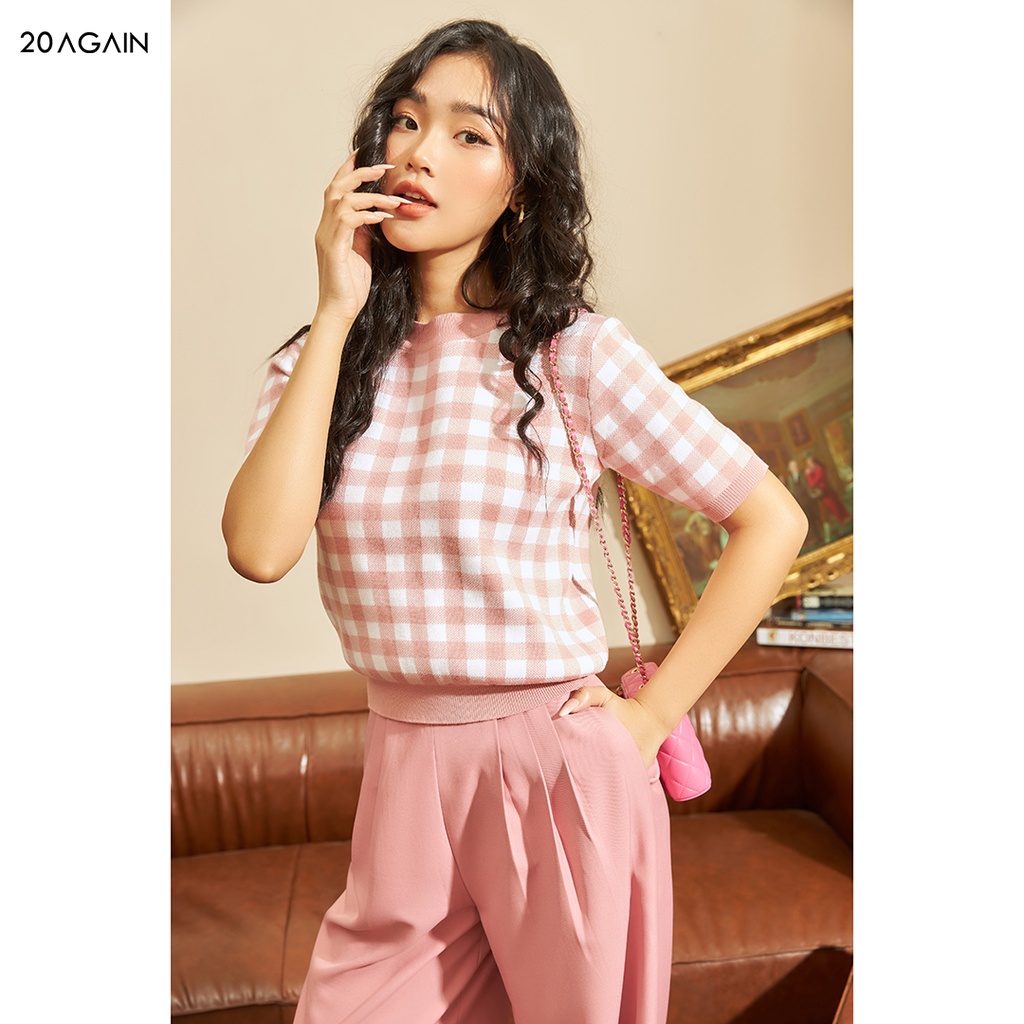 Áo len nữ ngắn tay cổ tròn 20AGAIN,  phong cách Hàn Quốc trẻ trung, họa tiết caro cá tính  ALA0056 | BigBuy360 - bigbuy360.vn