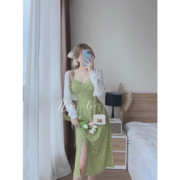 Set đầm hoa hai dây xẻ đùi kèm áo cardigan - Set đi biển bigsize
