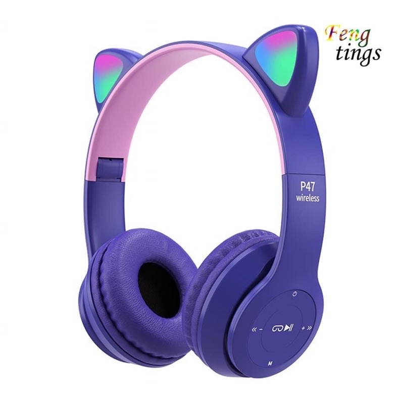 Tai Nghe Mèo P47M. Mz47 Bluetooth Chụp Tai , Headphone P47m Dễ Thương Có Mic,Âm Bass Mạnh Mẽ Dung Lượng Pin Trâu