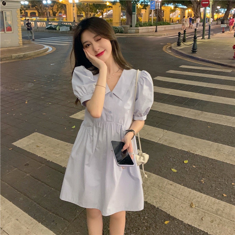 Đầm Sơ Mi Tay Ngắn Phồng Cổ polo Chiết Eo Dáng Chữ A Thời Trang Xinh Xắn Cho Nữ