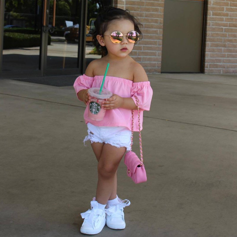 Bộ áo trễ vai kèm băng đô đính nơ chất liệu cotton và quần short dễ thương cho bé gái