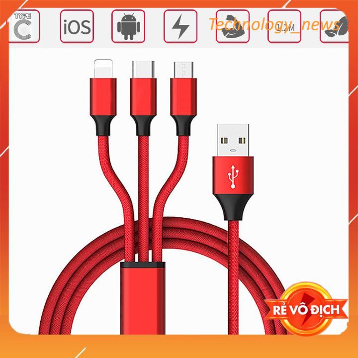 Dây sạc 3 đầu chống đứt sạc nhanh dùng cho mọi điện thoại tiện dụng 3 trong 1