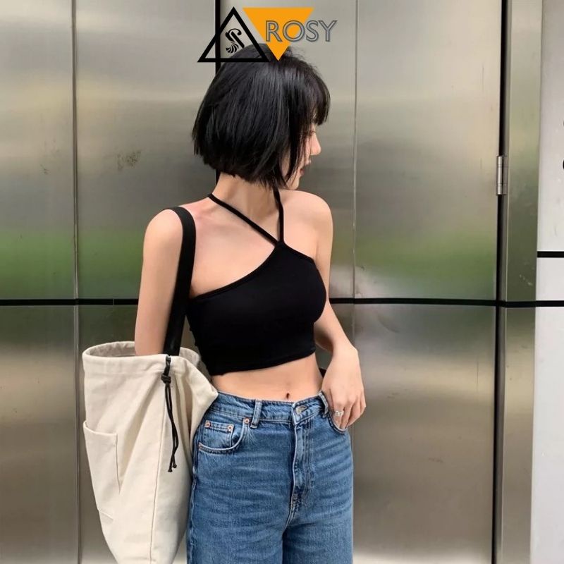 Áo Croptop kiểu yếm 2 dây chéo chất thun gân, Cổ kiểu yếm GUVIA , Áo dây đắp chéo