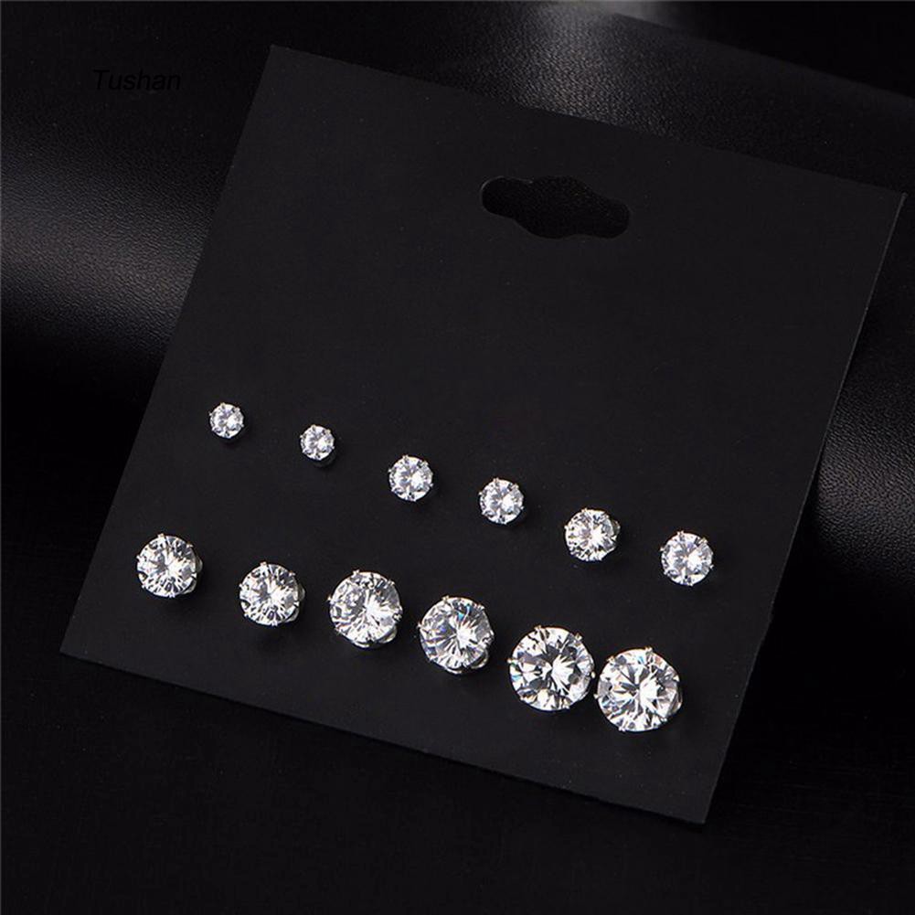 Set 6 đôi khuyên tai dạng nụ đính đá cubic zirconia hình tròn thời trang sang trọng cho nữ