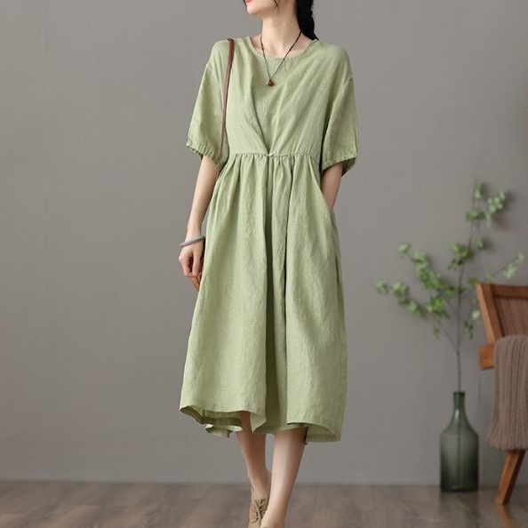 Đầm đũi-Váy suông dài cổ tròn ngắn tay, màu xanh cốm trơn phong cách vintage Hàn Quốc