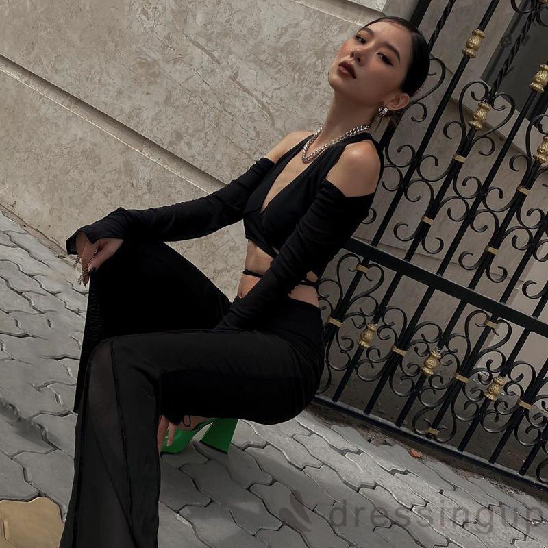 Áo Croptop Tay Dài Cổ Chữ V Màu Sắc Trơn Thiết Kế Dây Đan Chéo Sành Điệu