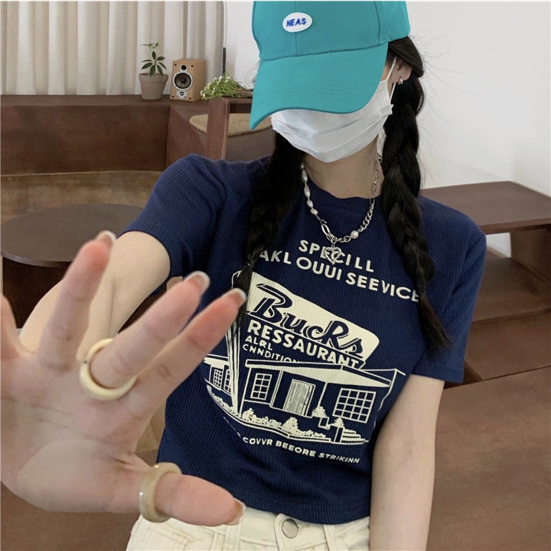 Áo Thun Ngắn Tay Lưng Cao Phong Cách Retro Mỹ Thời Trang Mùa Hè 2022 Mới Cho Nữ