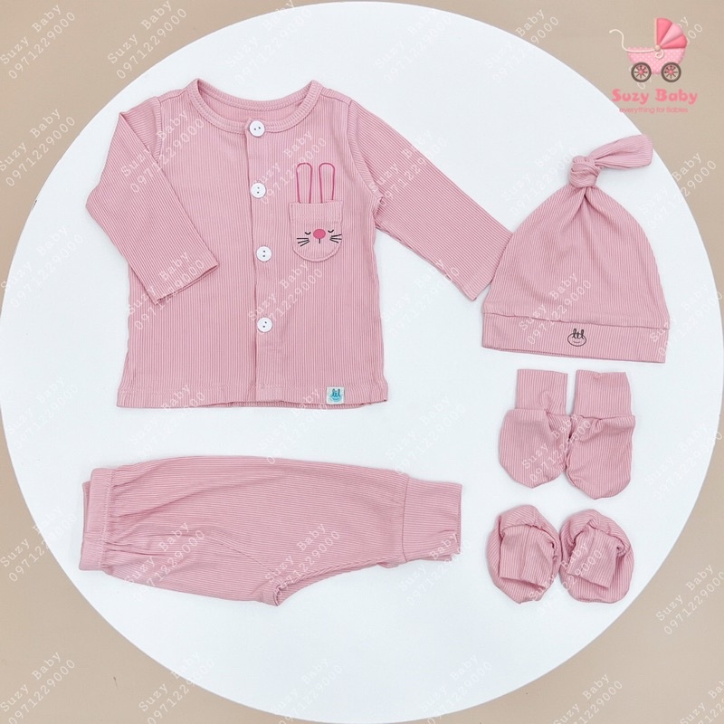 Lil Little Love - Bộ dài tay vải tăm túi ngựa thỏ cho bé 0-6m