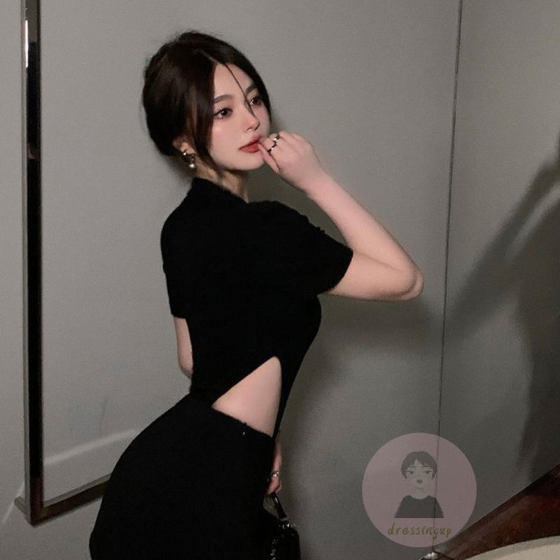 Áo Liền Quần Ngắn Tay Cổ Đứng Khoét Lỗ Phối Nút Thời Trang Mùa Hè Cho Nữ