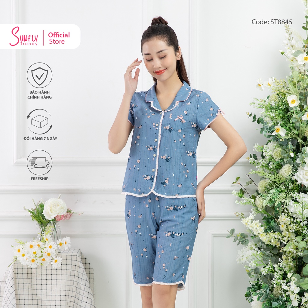 Bộ đồ mặc nhà nữ pijamas linen SUNFLY áo cộc, quần trên gối ST8845
