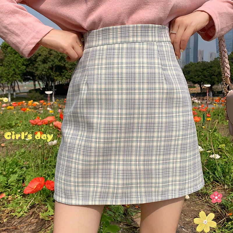Chân Váy Ngắn Dáng Chữ A Lưng Cao Họa Tiết Sọc Caro Thời Trang Cho Nữ