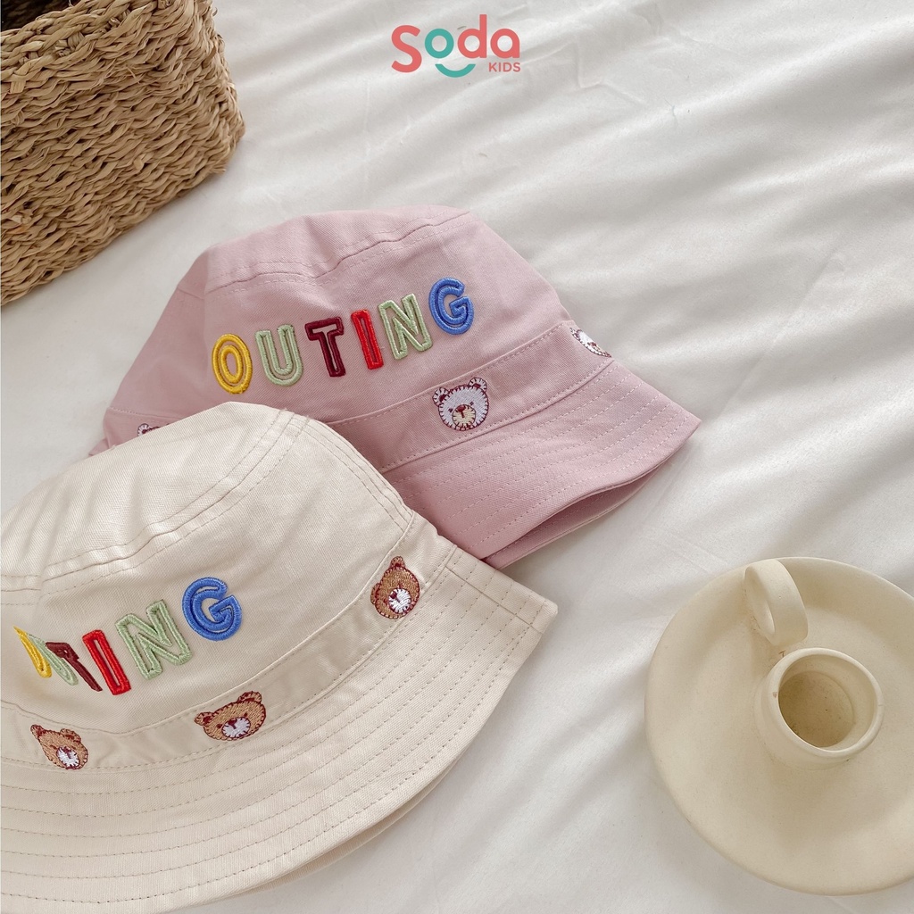 Mũ vành vải thô thêu viền gấu dành cho bé trai và bé gái 1,5-3y