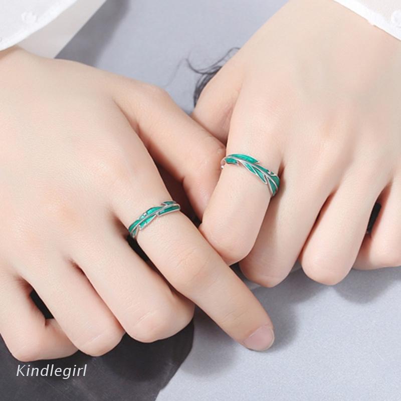 Set 2 Nhẫn Hình Chiếc Lá Màu Xanh Lá Đơn Giản Ngọt Ngào Dành Cho Cặp Đôi
