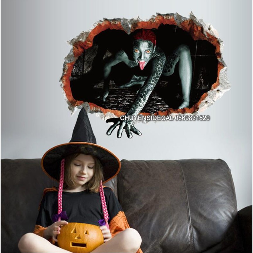Decal trang trí tường Halloween - Cửa sổ yêu tinh 3D