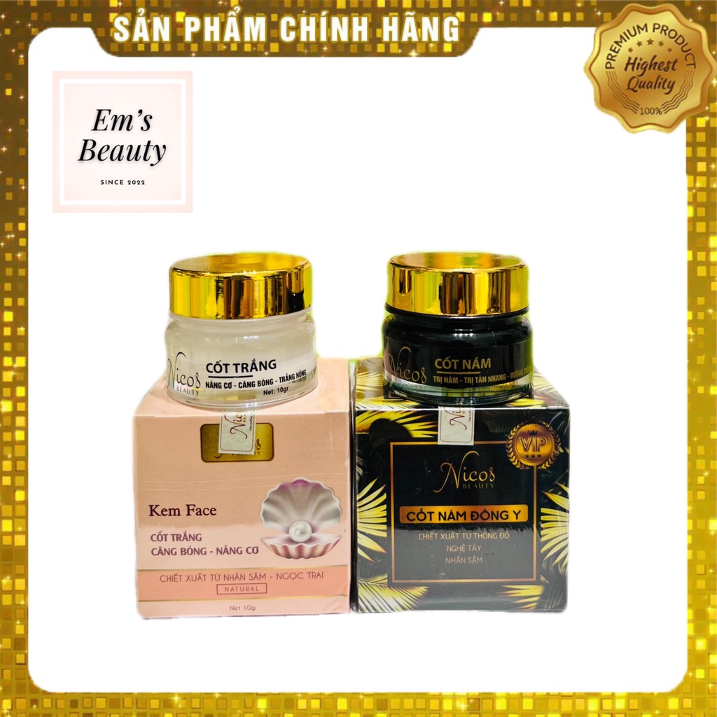 Combo Kem Face Cốt nám Đông Y Nicos + Kem Cốt trắng nâng cơ Nicos Beauty 10g - Mẫu mới 2022 - Hàng chính hãng