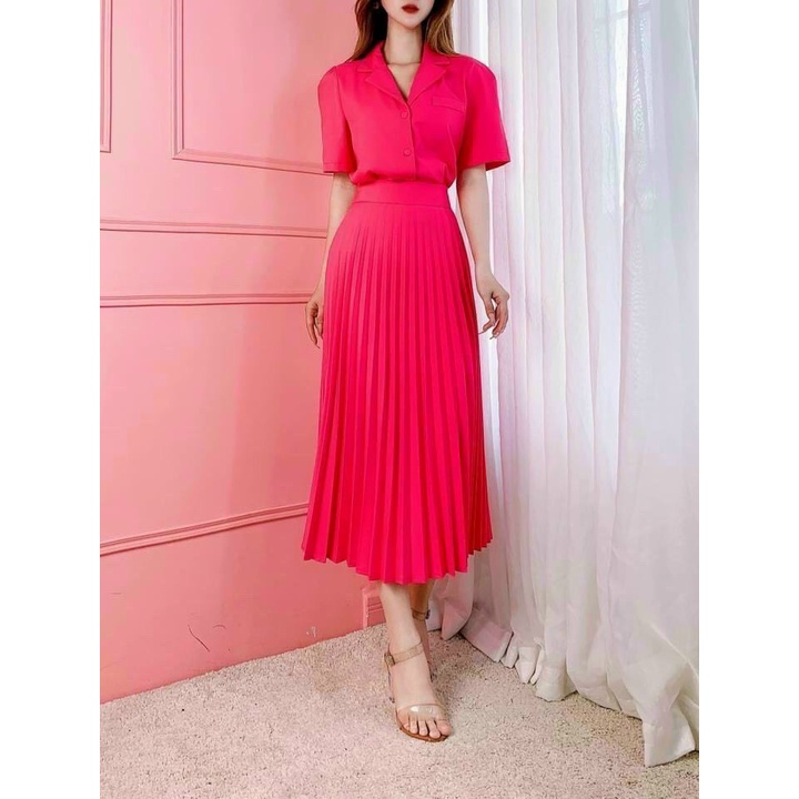 [9.9 Sales Freeship] Sét váy nữ thời trang công sở, set áo cổ vest tay ngắn kèm chân váy xếp ly dài thanh lịch dx