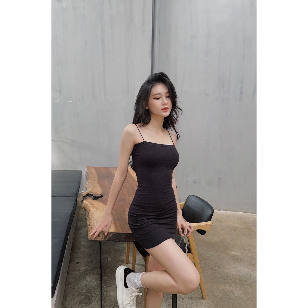Đầm body nữ hai dây HHVINTAGE kiểu màu trơn thun co giãn Dress A79